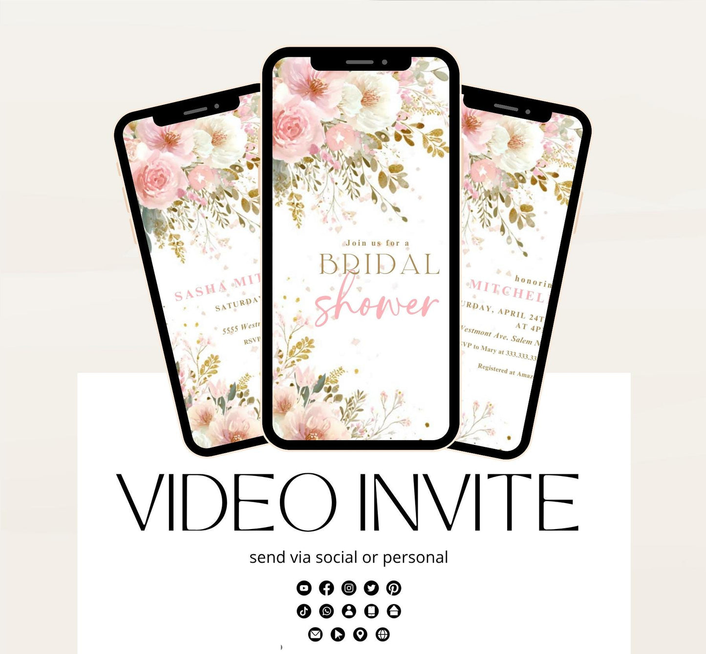 Blush Pink Bridal Shower Invitation, Video Bloom Pink Bridal Shower Invite, Editable Canva Floral Bridal Shower-4