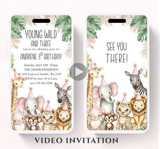 Young Wild and Three, 3rd Birthday Invite, Girl Safari Jungle Animal Birthday Invitation, Any age Jungle safari birthday Video invite-1