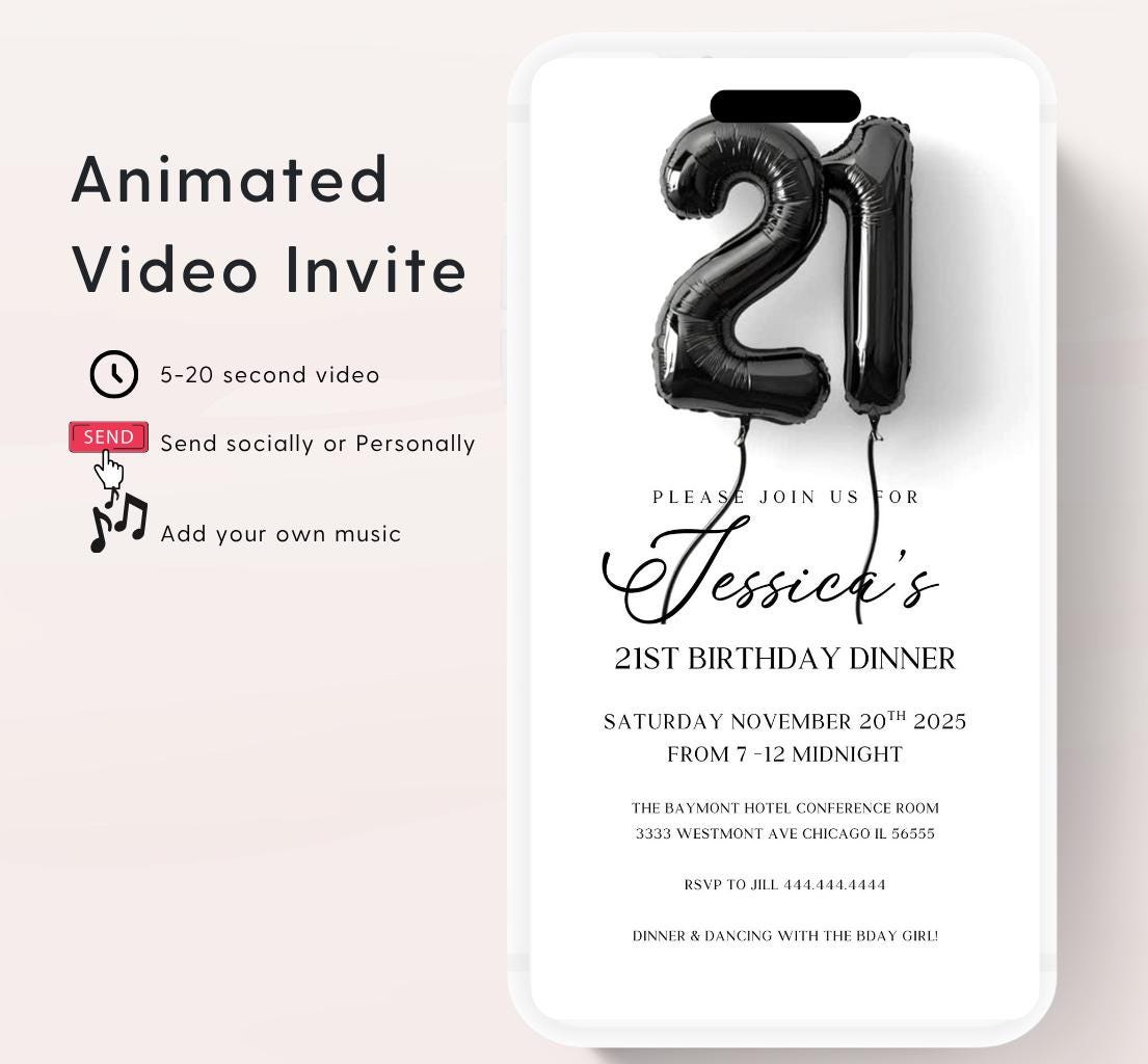 Animated 21st Evite Birthday for Adult Invite, Modern 21st Birthday Invite, Digital Animated Balloons Digital 21st Birthday-2