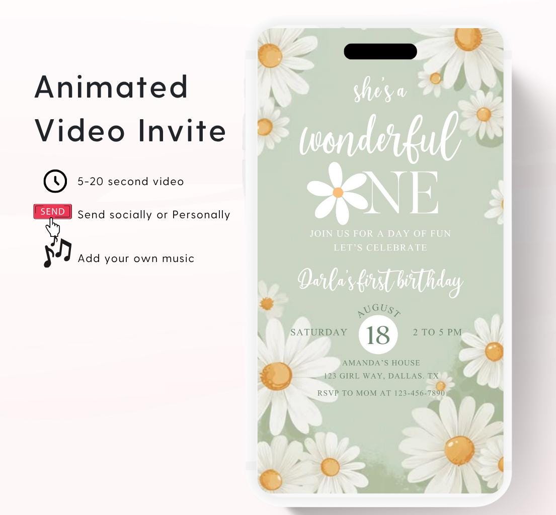 Daisy Birthday Invitation, Daisy 1st Birthday Invite, 1st Birthday Girl, Boho Daisy Invitation, Green Daisies video invite-1