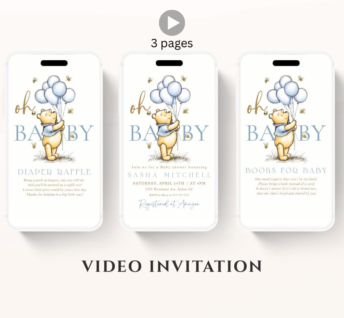 Winnie The Pooh Invitation, Boy Winnie The Pooh Baby Shower Invitations, Winnie The Pooh Invitations Video invitation, Winnie baby shower-7