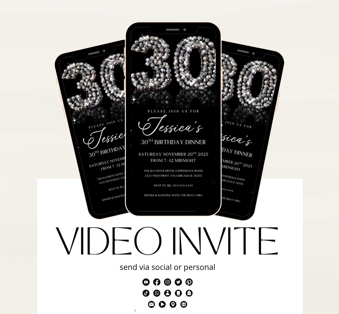 Animated 30th Evite Birthday for Adult Invite, Modern 30th Birthday Invite, Digital Animated Diamond Digital 30th Birthday-1