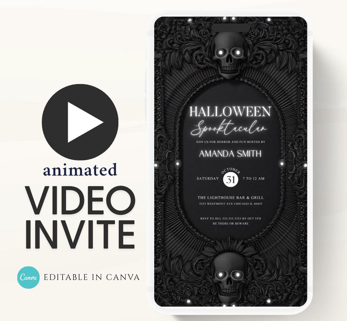 Dark skull Halloween party invitation, Halloween spooktacular Adults Halloween Costume party Invite Video Digital party invitation-11