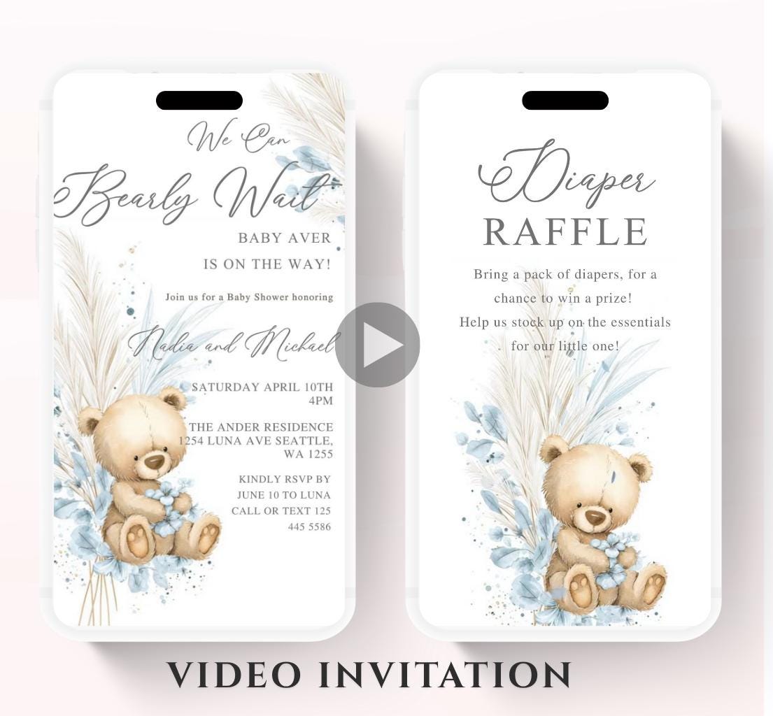 Teddy Bear Baby Shower Invitation We Can Bearly Wait Invite Boho Bohemian Blue Pampas Grass Teddy Bear Template Boy Animated video- 1
