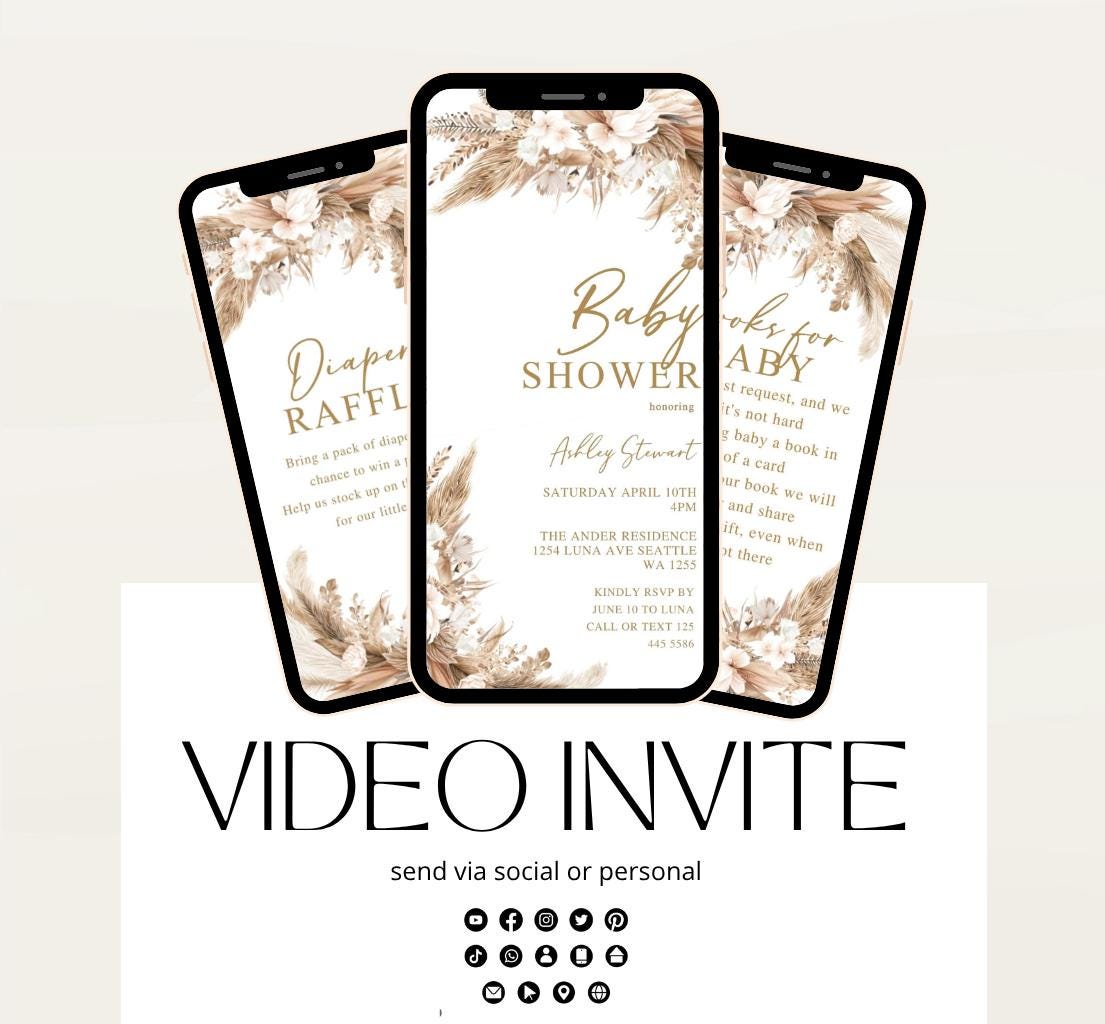 Boho Baby Shower Invitation, Boho Floral Baby Shower, Baby Girl Baby Shower Invite, pampas Invitation, Boho Baby Invitation Animated-2