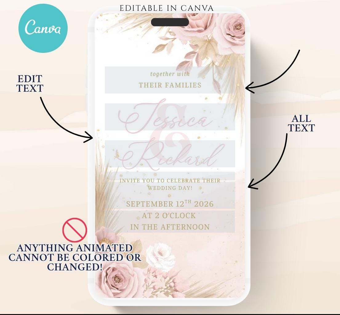 Pink and blush boho florals Wedding invitation, Wedding invitation, wedding invitation template, Video Wedding invite, wedding invite-12