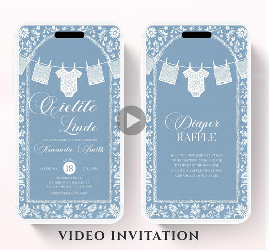 Video Cielito Lindo Baby Shower Invitation, Mexican Baby shower Editable Talavera Theme Papel Picado Invite. Dusty Blue template-1