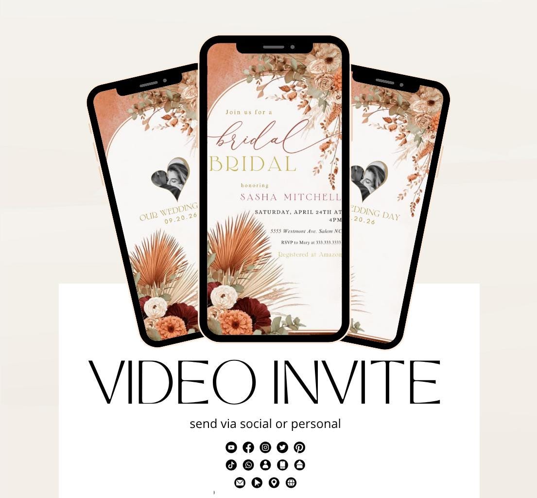 Video Bridal Shower Invitation Template, Pampas & Floral, Bridal shower fall, Boho, Arch, Palm Leaf, Rust, Burnt Orange, Terracotta-1
