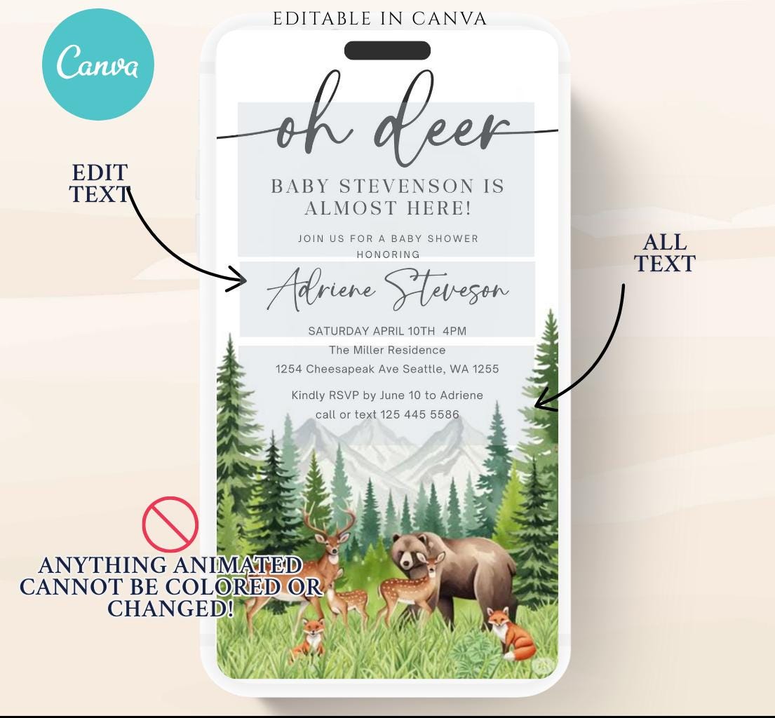 Animated Woodland Baby Shower Invitation, Boy Deer Baby Shower Invite, Woodland Animals Baby Shower, Greenery Boho invitation Woodland-5