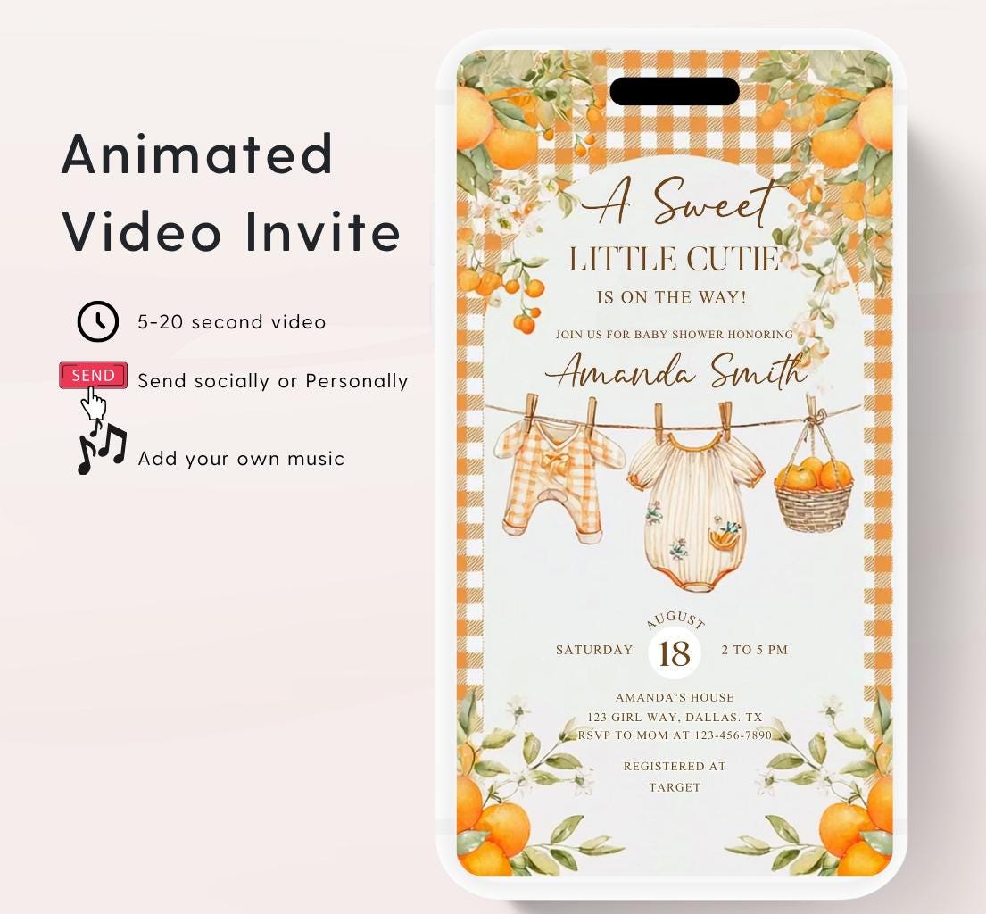 A Little Cutie Baby Shower Invitation, Gender Neutral Baby Shower Invite, Oranges cutie baby shower Video invitation-1