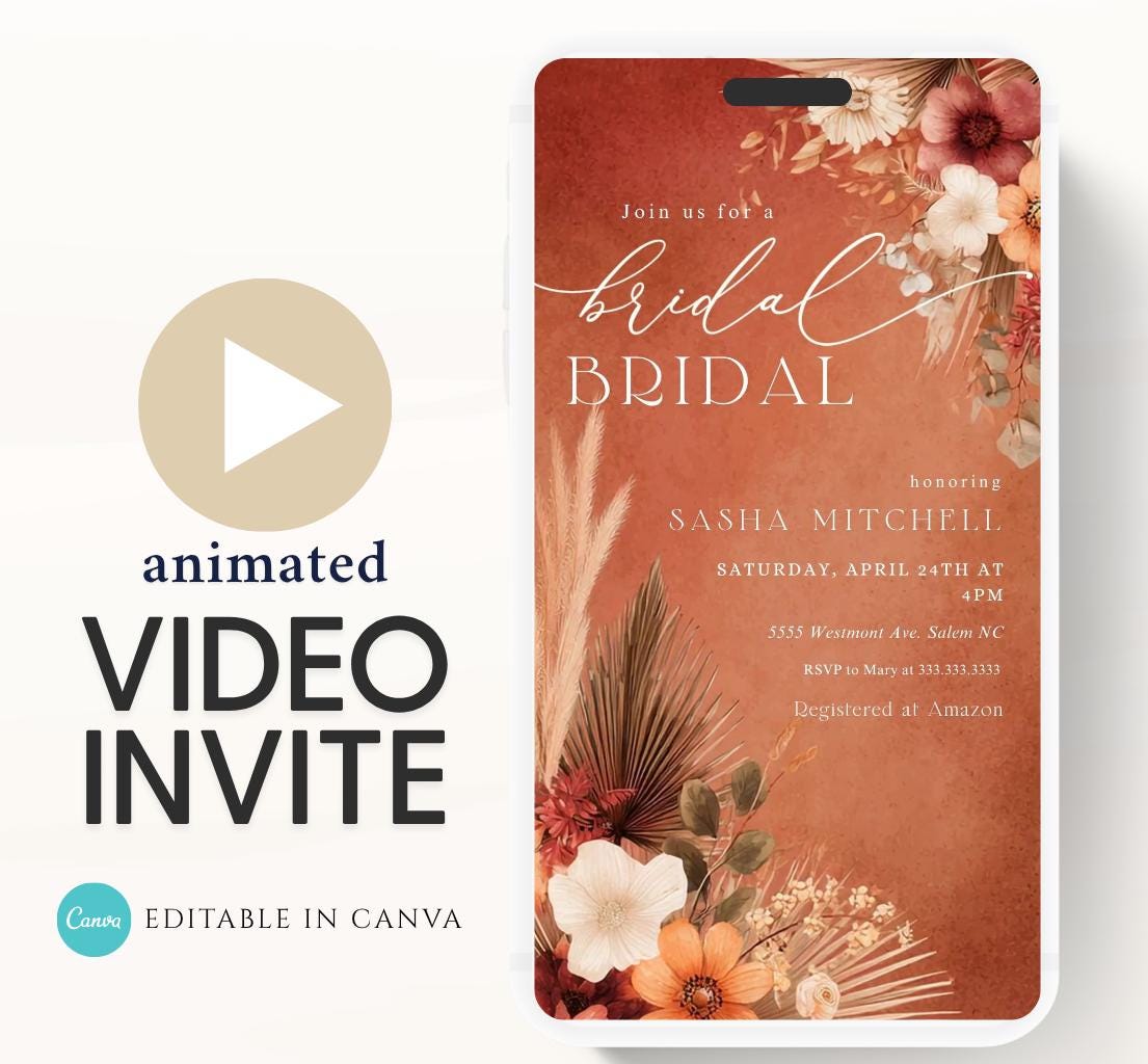 Video Bridal Shower Invitation Template, Pampas & Floral, Bridal shower fall, Boho, Arch, Palm Leaf, Rust, Burnt Orange, Terracotta-3
