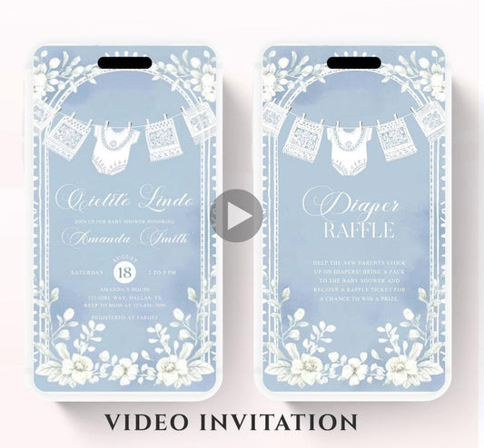 Video Cielito Lindo Baby Shower Invitation, Mexican Baby shower Editable Talavera Theme Papel Picado Invite. Dusty Blue template-2