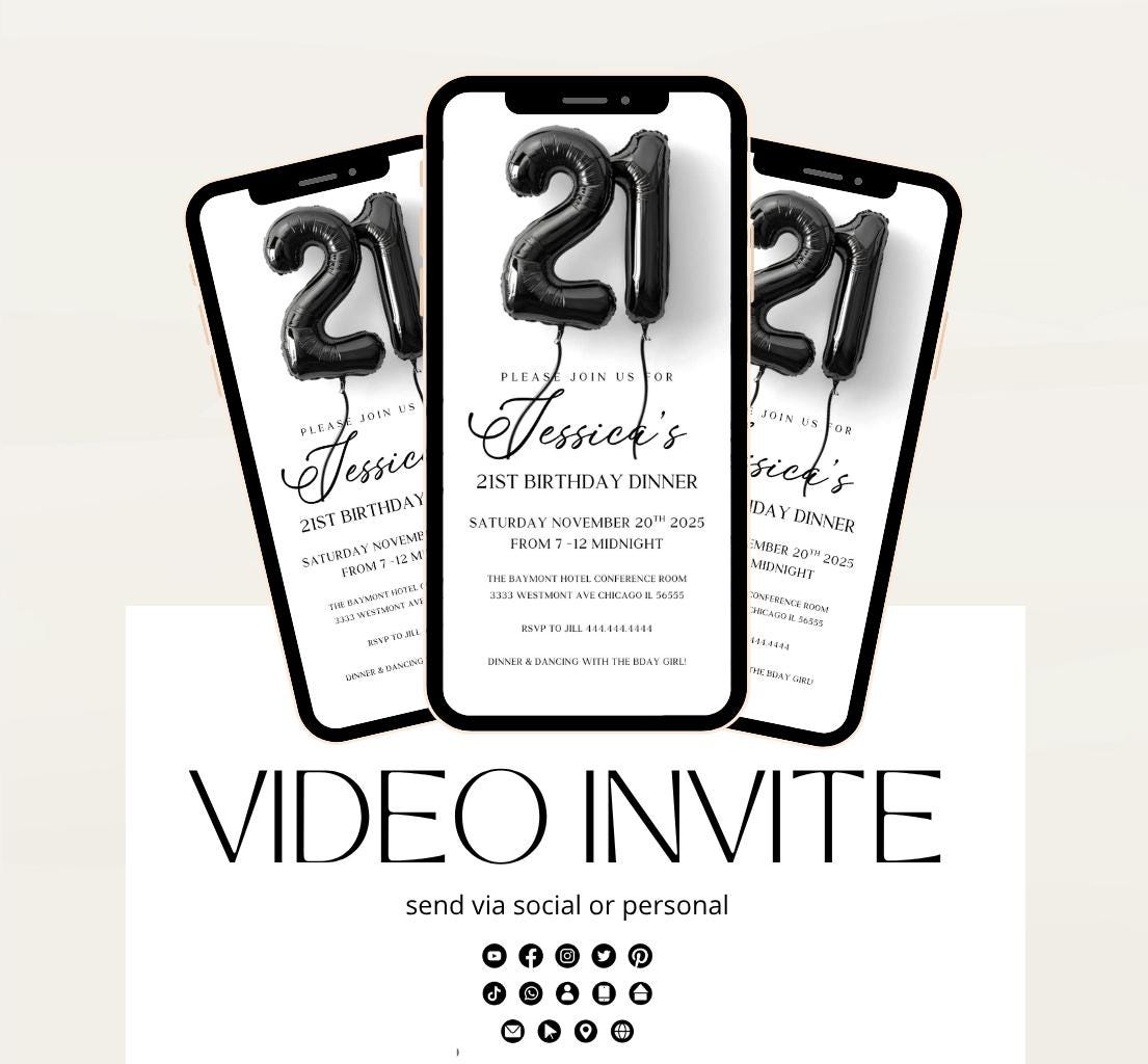 Animated 21st Evite Birthday for Adult Invite, Modern 21st Birthday Invite, Digital Animated Balloons Digital 21st Birthday-2