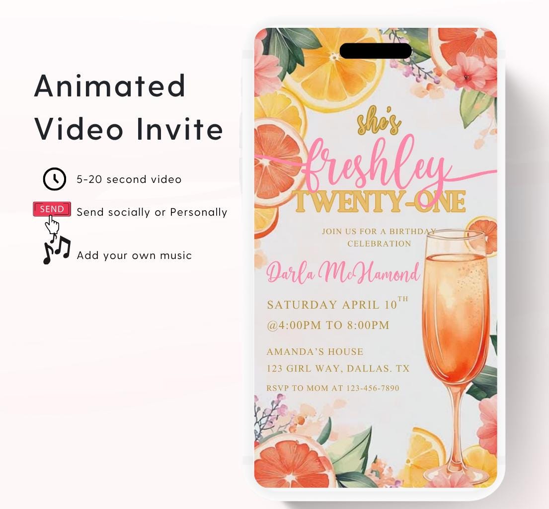 Citrus Birthday Brunch Invite. Digital Animated 21st birthday Party Invitation. Lemon Yellow and Pink Citrus Birthday Video invite-1