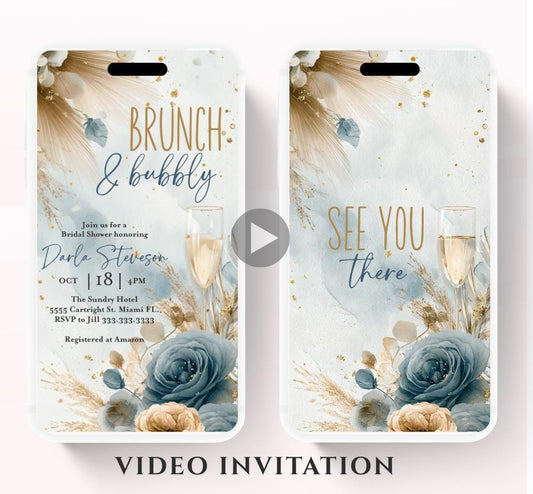 Brunch and Bubbly Bridal Shower Invitation Video, Champagne Shower Invite, Boho Blue Bridal Shower Invitation, Brunch Invite-1