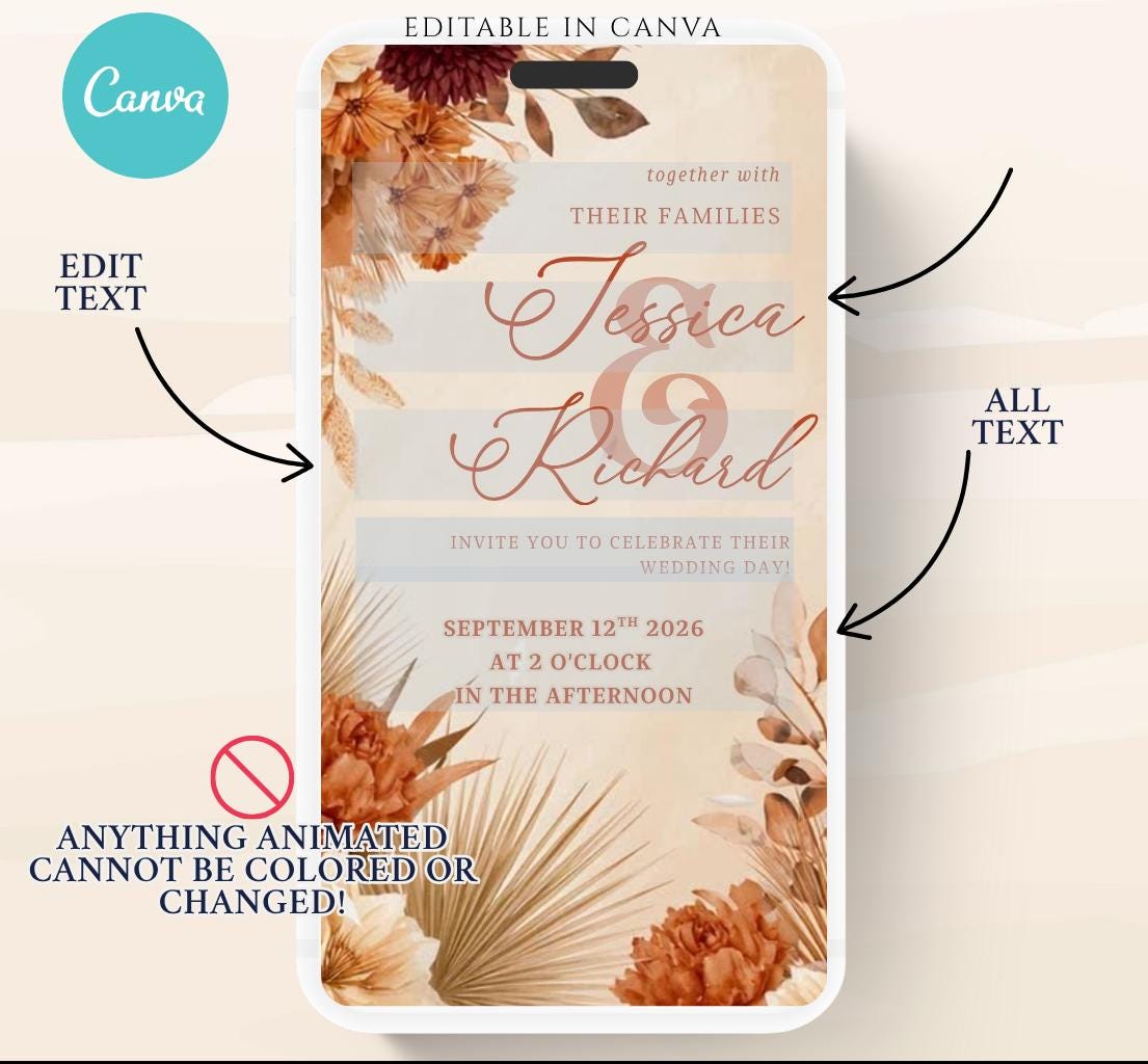 Animated Wedding invitation, Wedding Boho Terracotta Pampas invitation, wedding invitation template, Video Wedding invite, wedding invite-9