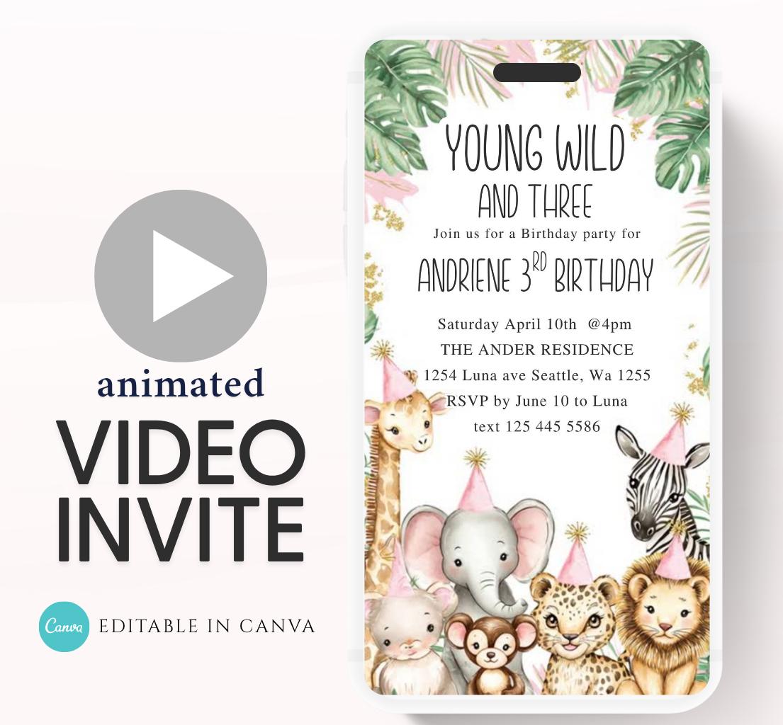 Young Wild and Three, 3rd Birthday Invite, Girl Safari Jungle Animal Birthday Invitation, Any age Jungle safari birthday Video invite-1