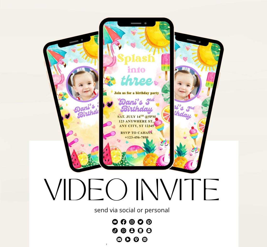 Pool Splash into three 3rd Birthday Pool Party Invitation Girly Summer 3rd Birthday Splash Pad Party Video Invitation any age -1