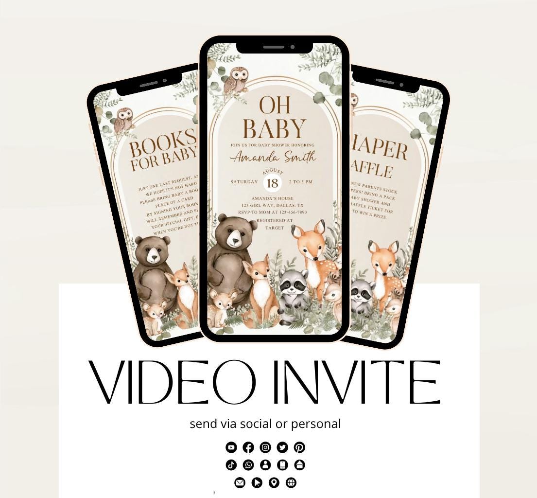 Animated Woodland Baby Shower Invitation, Boy Woodland Baby Shower Invite, Woodland Animals Baby Shower, Greenery Boho invitation Woodland-3