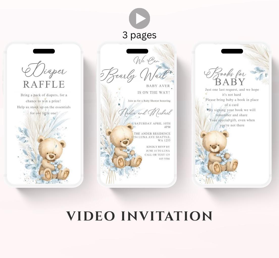 Teddy Bear Baby Shower Invitation We Can Bearly Wait Invite Boho Bohemian Blue Pampas Grass Teddy Bear Template Boy Animated video- 1