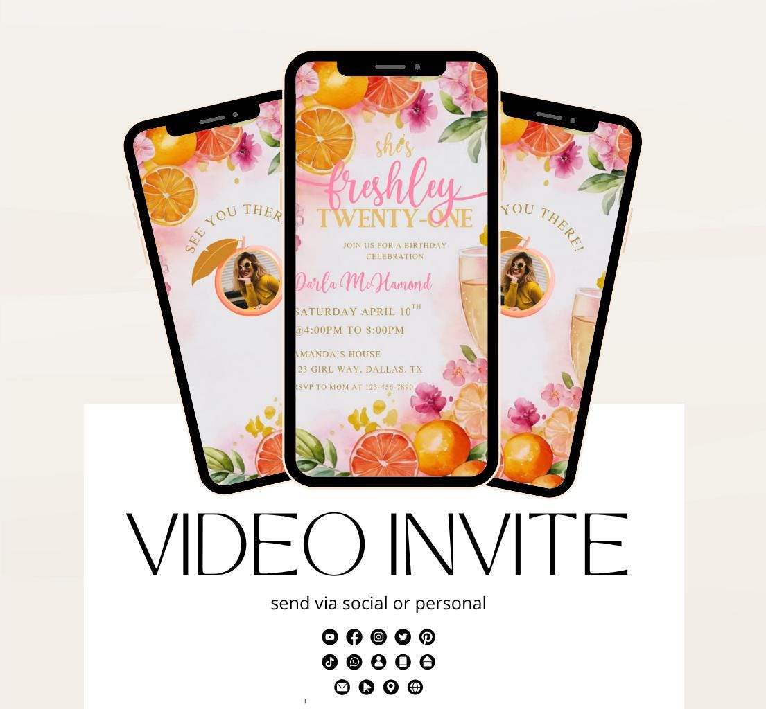Citrus Birthday Brunch Invite. Digital Animated 21st birthday Party Invitation. Lemon Yellow and Pink Citrus Birthday Video invite-2
