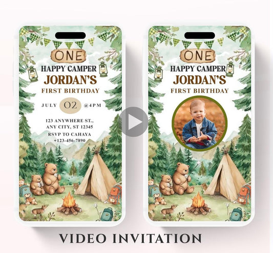 One Happy Camper Birthday Invitation, Boy First Birthday, Boy Happy camper Invitation, Camping 1st Birthday, Canva Video Invitation