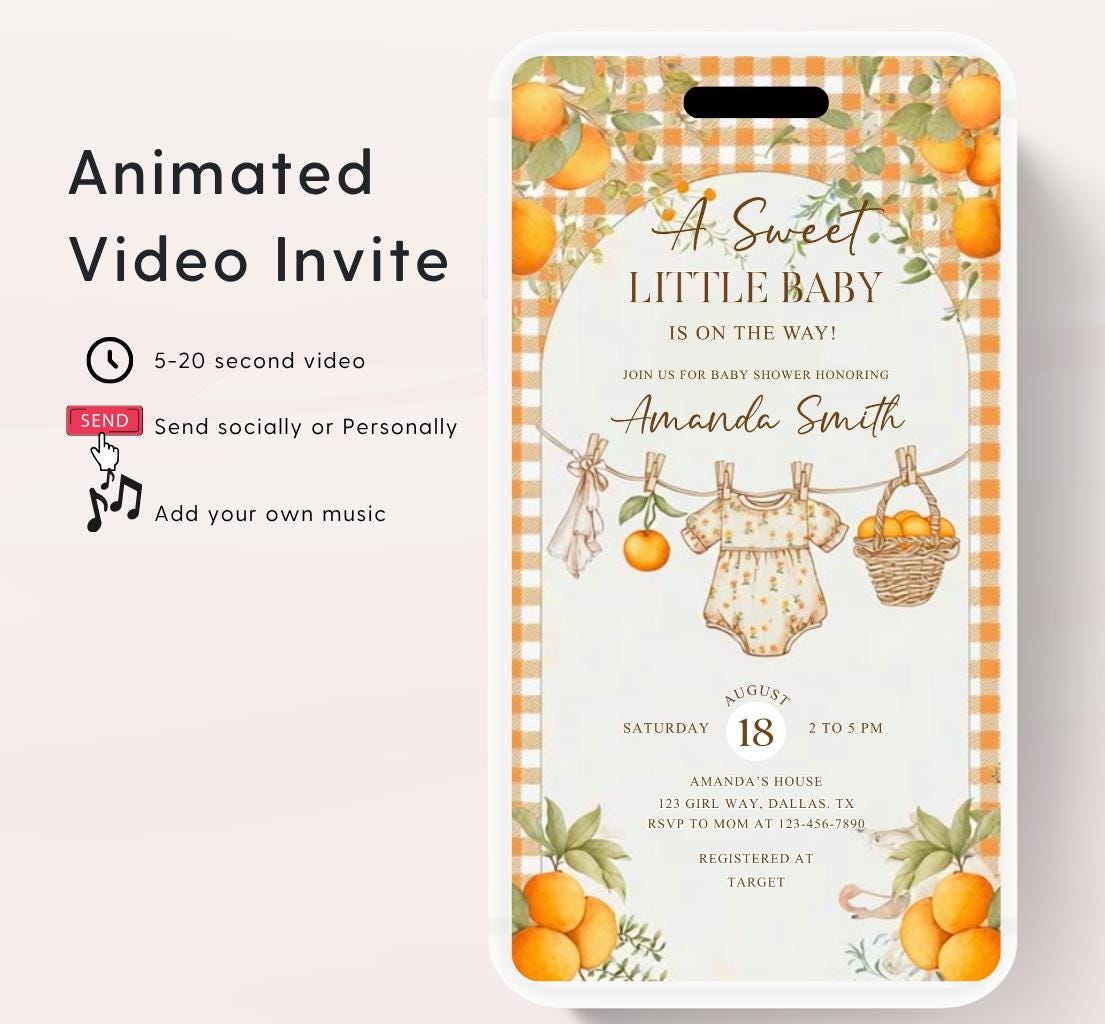 A Little Cutie Baby Shower Invitation, Gender Neutral Baby Shower Invite, Oranges cutie baby shower Video invitation-3
