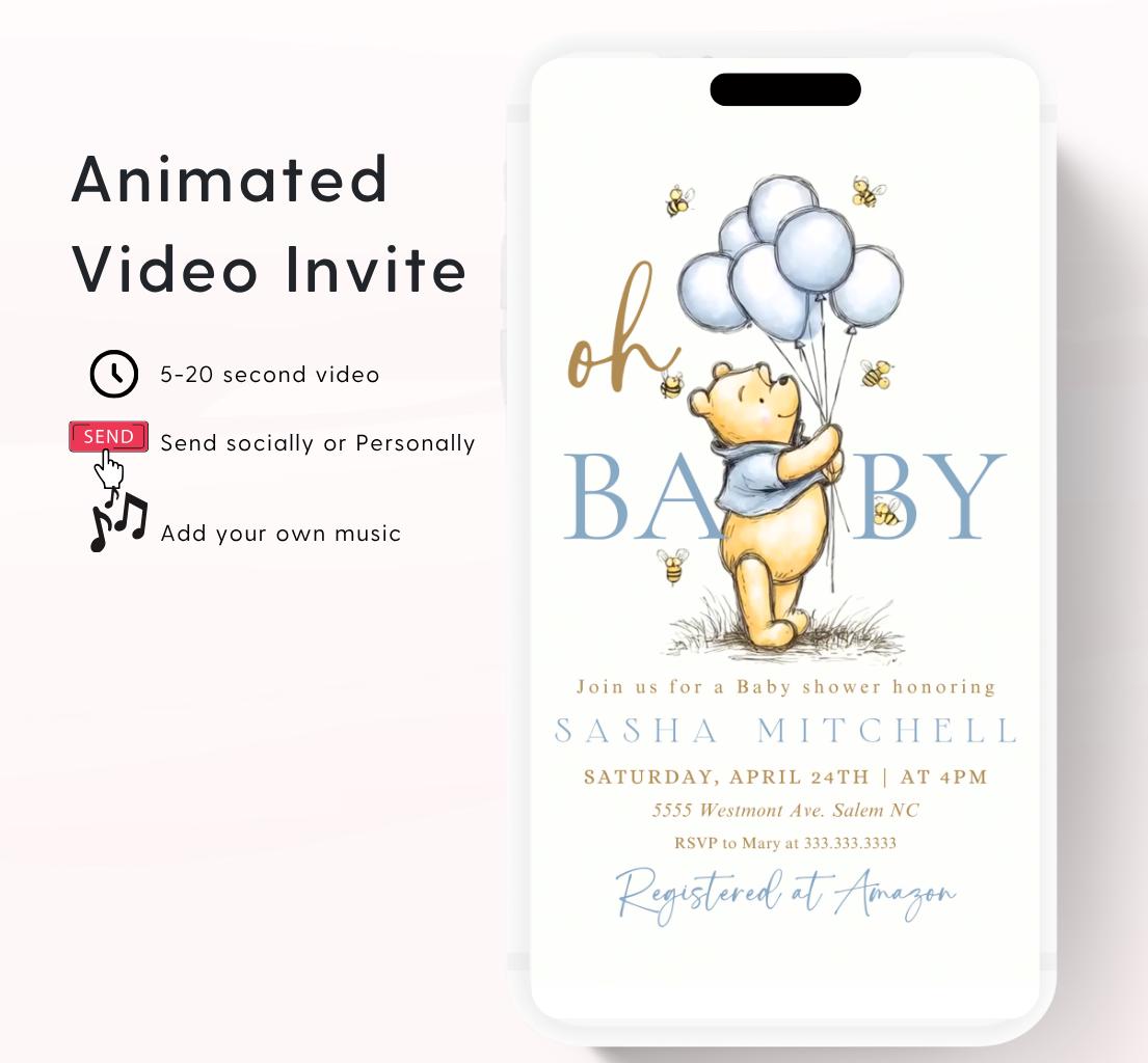 Winnie The Pooh Invitation, Boy Winnie The Pooh Baby Shower Invitations, Winnie The Pooh Invitations Video invitation, Winnie baby shower-7