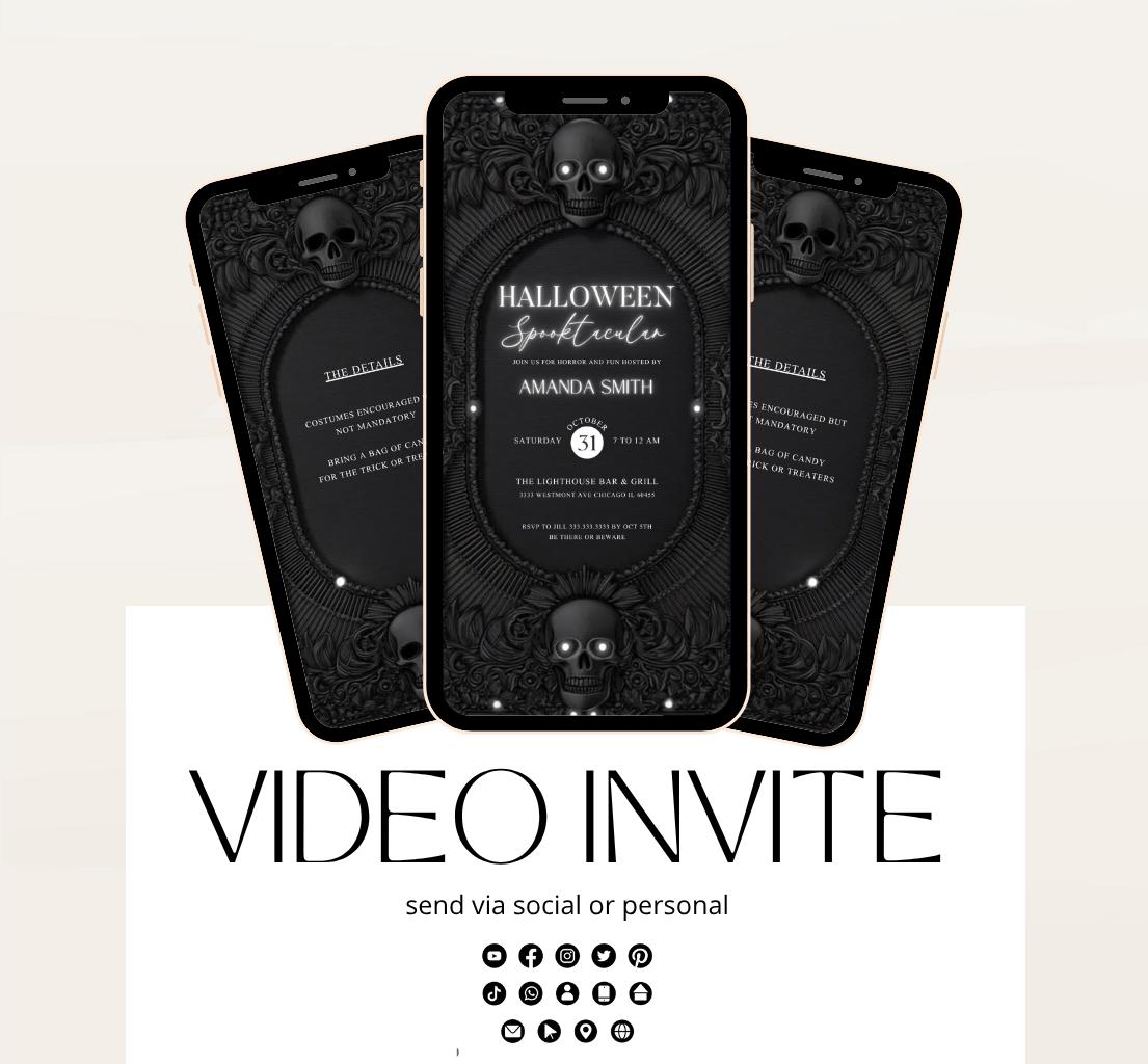 Dark skull Halloween party invitation, Halloween spooktacular Adults Halloween Costume party Invite Video Digital party invitation-11