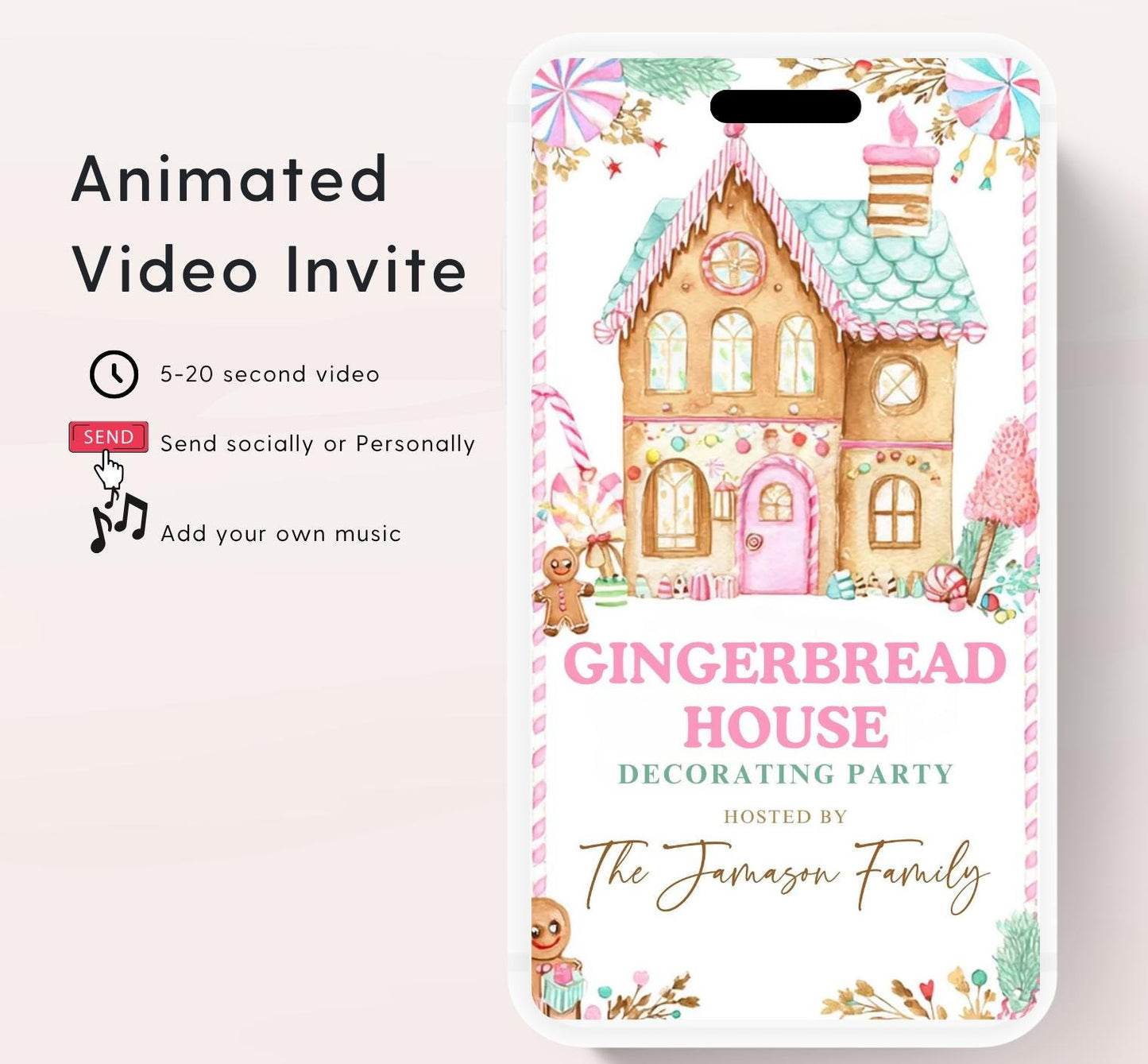 Animated Gingerbread House Birthday Party Invitation, Christmas Cookie Decorating Party Invite, Gingerbread House Contest Invitation-1