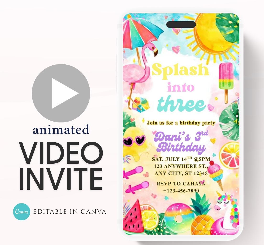 Pool Splash into three 3rd Birthday Pool Party Invitation Girly Summer 3rd Birthday Splash Pad Party Video Invitation any age -1