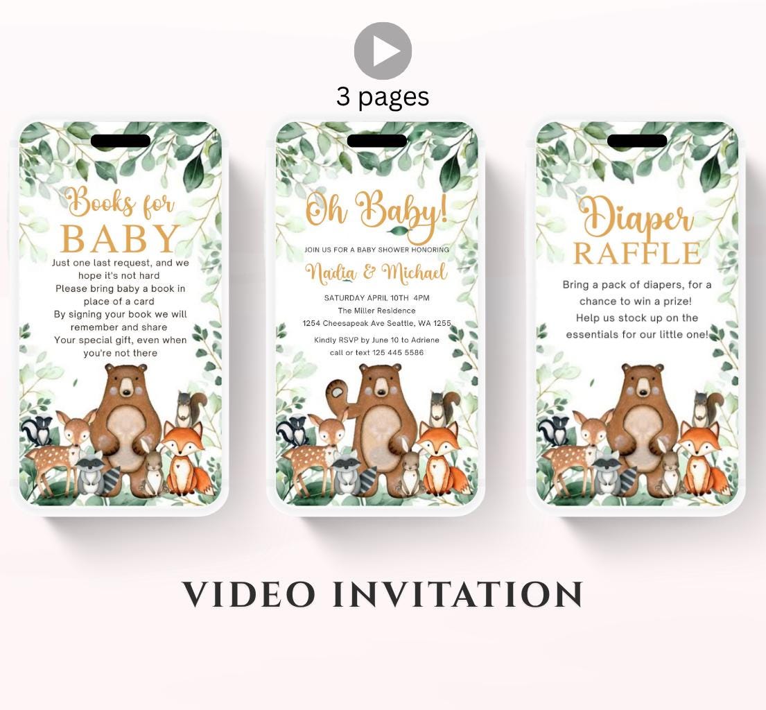 Animated Woodland Baby Shower Invitation, Boy Woodland Baby Shower Invite, Woodland Animals Baby Shower, Greenery Woodland-1