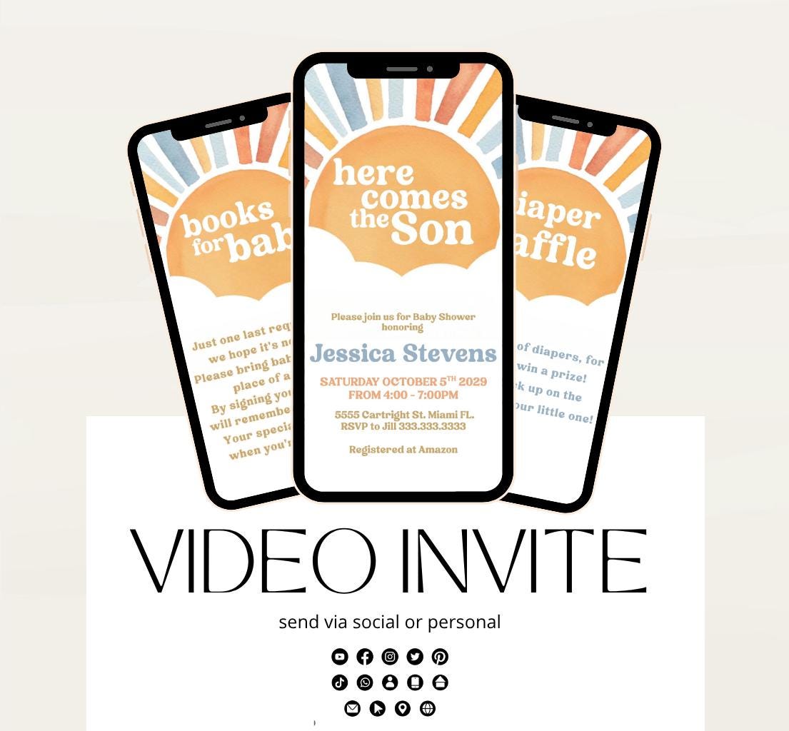 Animated Sunshine Baby Shower Invitation, Here Comes the Son Baby Shower Invite, Boy Sonshine Baby Shower, Boho Sunshine Shower sun baby-1