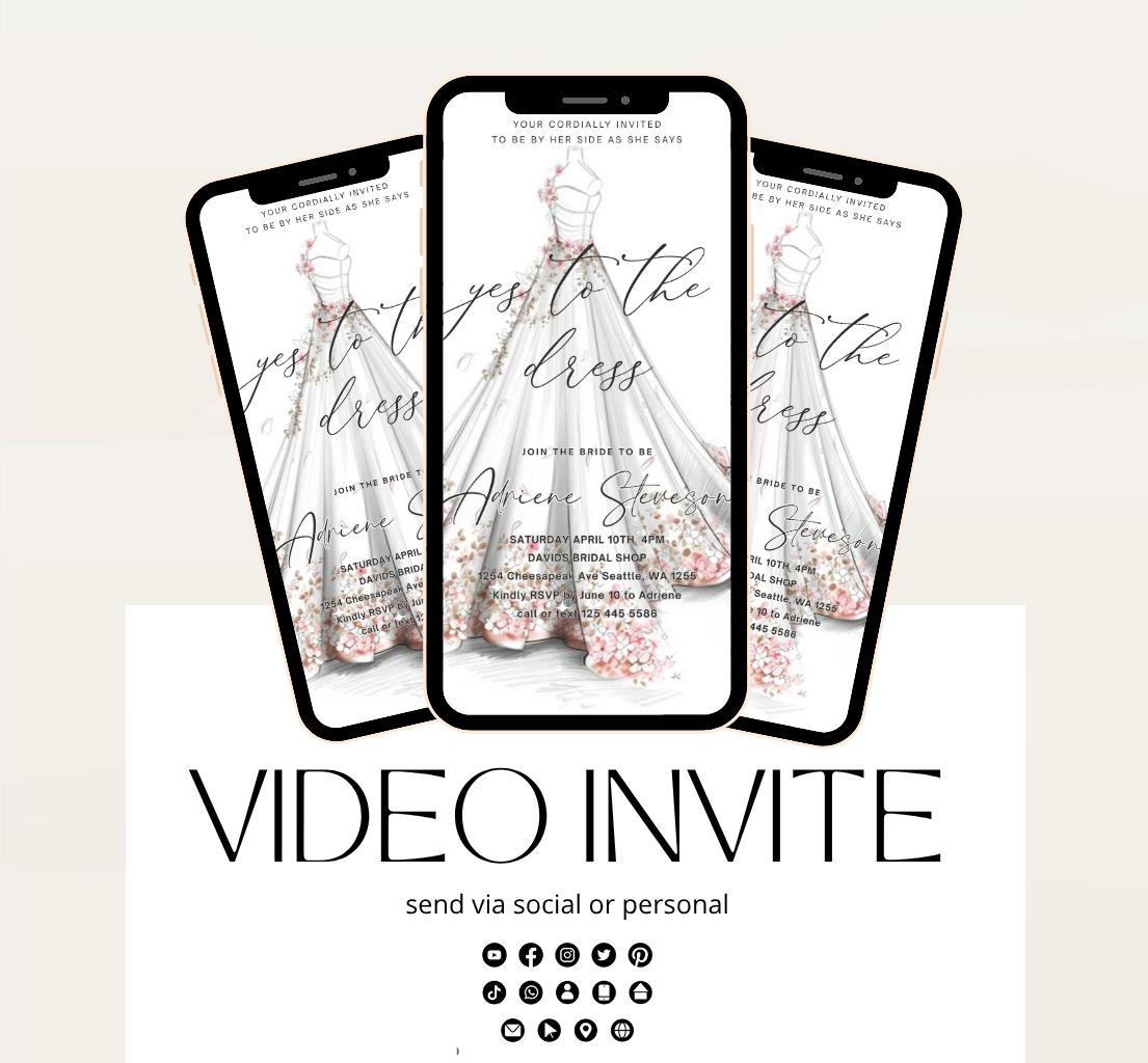 Wedding Dress Shopping mobile editable invitation, Video bridal party invite, Say yes to the dress Dress shopping invite-4