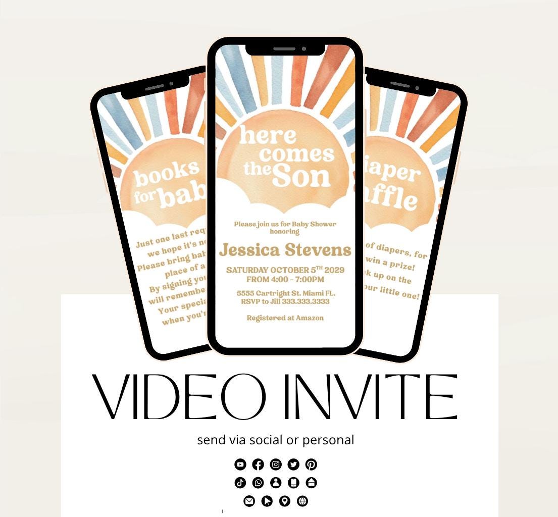 Animated Sunshine Baby Shower Invitation, Here Comes the Son Baby Shower Invite, Boy Sonshine Baby Shower, Boho Sunshine Shower sun baby-2