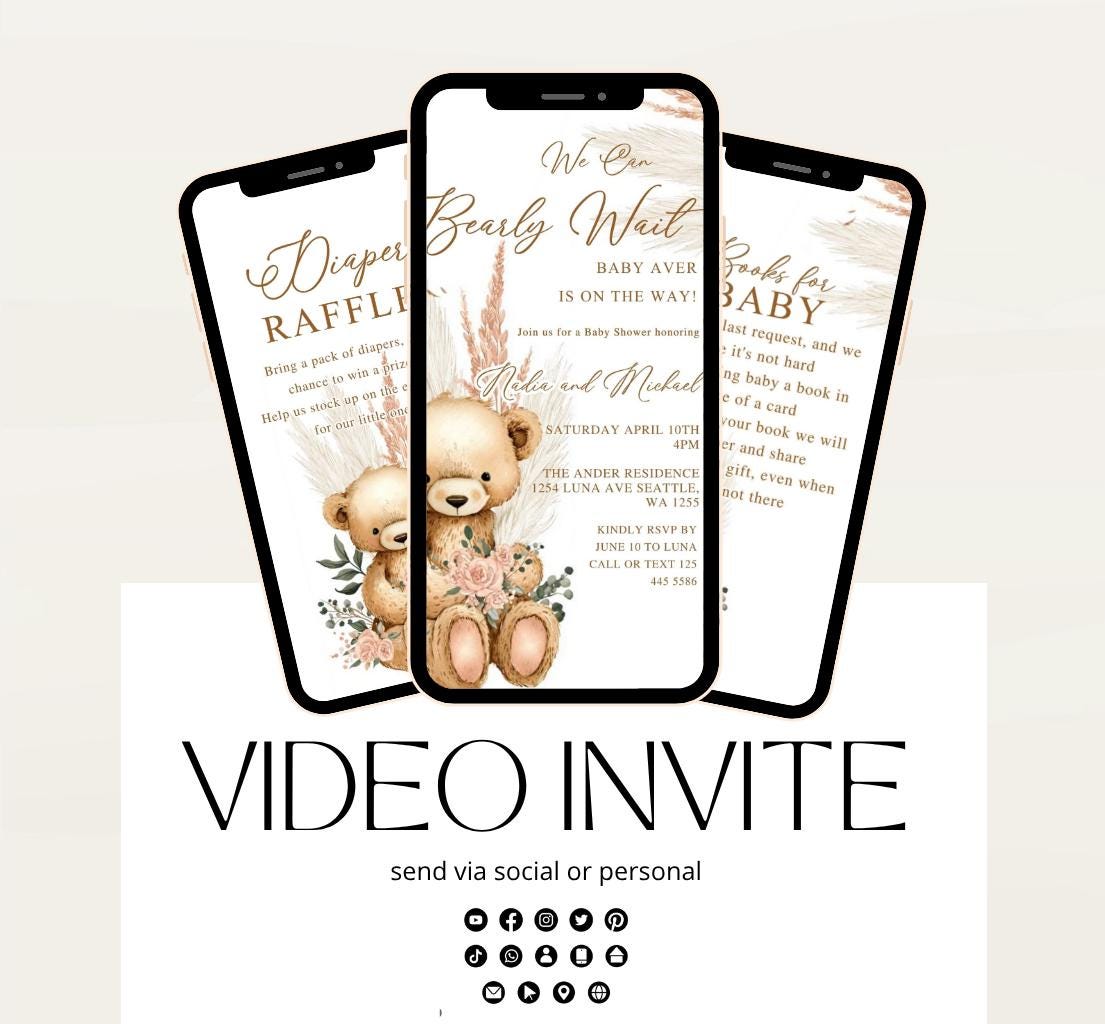 Teddy Bear Baby Shower Invitation We Can Bearly Wait Invite Boho Bohemian pink Pampas Grass Teddy Bear Template Boy Animated video- 2