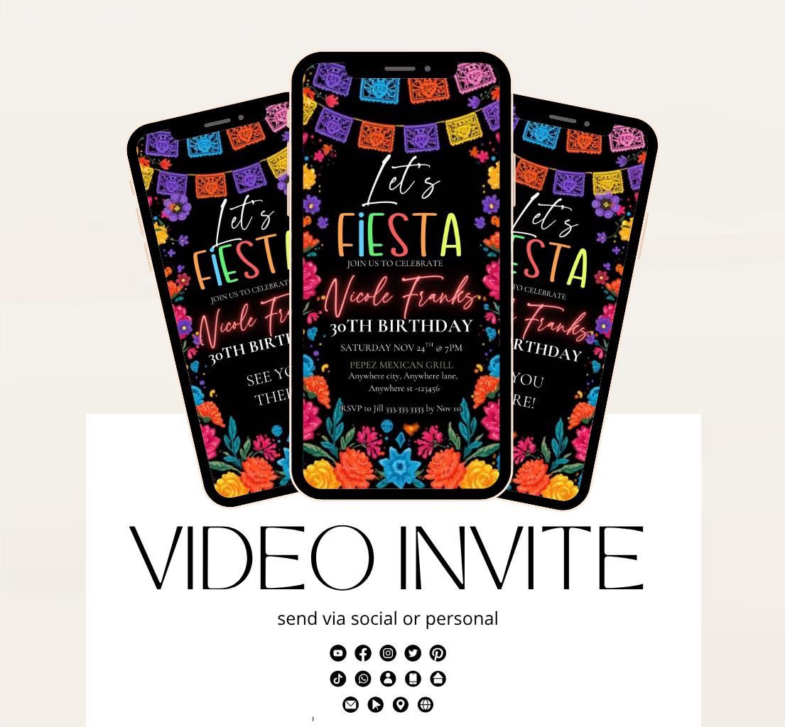 Lets Fiesta Invitation Taco invite, Digital Mexican Theme Birthday Party Invite Latin Celebration Let's Fiesta Cumpleaños Video invitation-3