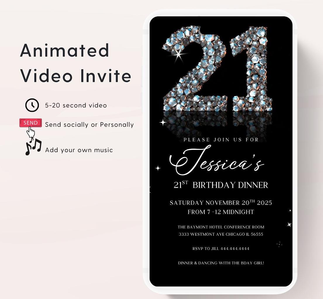 Animated 21st Evite Birthday for Adult Invite, Modern 21st Birthday Invite, Digital Animated Diamond Digital 21st Birthday-1