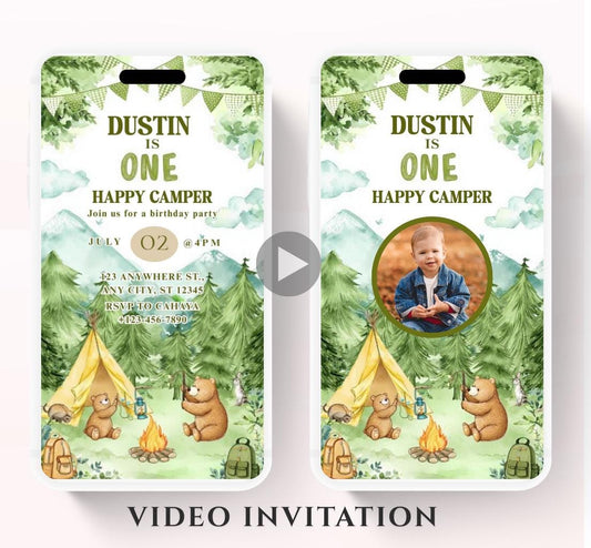 One Happy Camper Birthday Invitation, Boy First Birthday, Boy Happy camper Invitation, Camping 1st Birthday, Canva Video Invitation-2