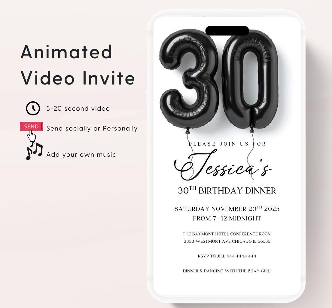 Animated 30th Evite Birthday for Adult Invite, Modern 30th Birthday Invite, Digital Animated Black balloons Digital 30th Birthday-2