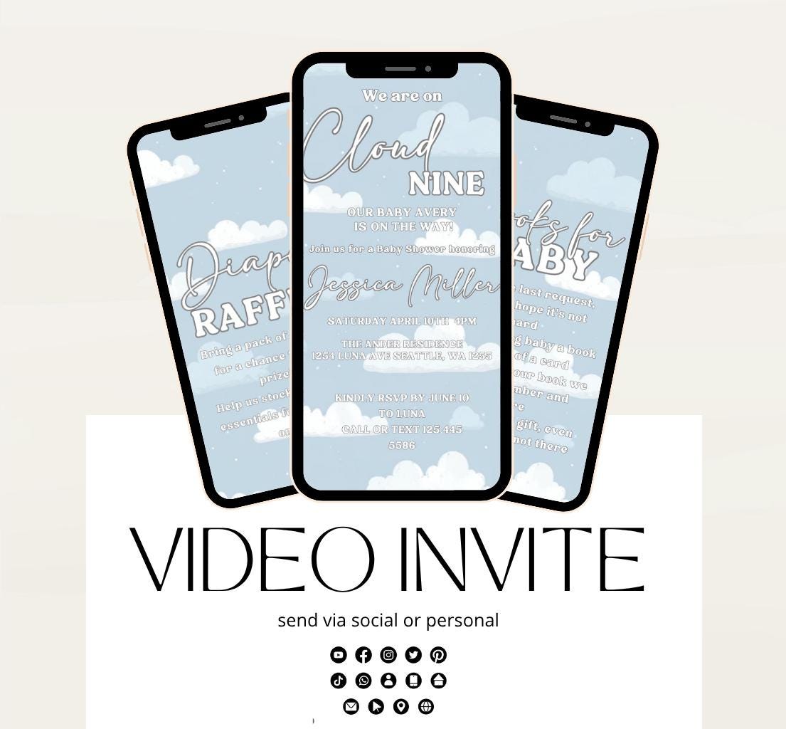 Video On Cloud 9 Baby Shower Invitation Blue Cloud Nine Boy Shower Invite We're on Cloud Nine Party Invite Printable Animated