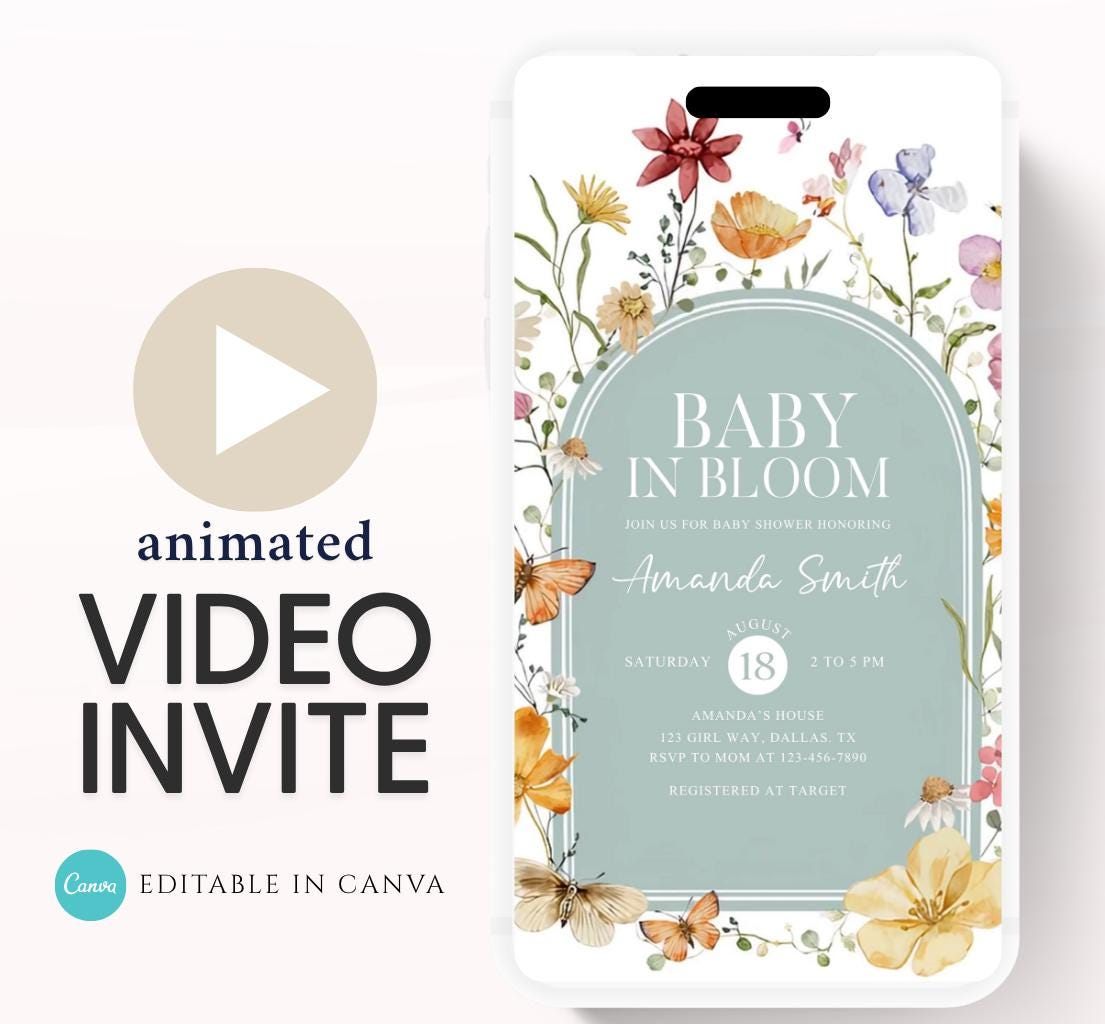 Boho Baby Shower Invitation, Boho Floral Baby Shower, Baby in bloom Baby Shower Invite, pampas Invitation, Boho Baby Invitation Animated-3