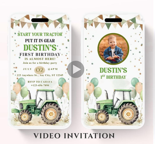 Video Green Tractor Electronic Invitation Template, Green Tractor Birthday Phone Invitation, Green Tractor Birthday Invitation-1