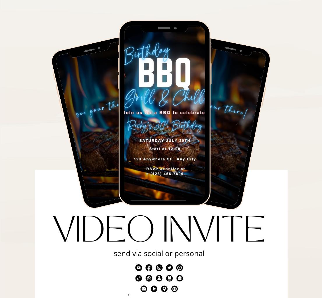 Digital Birthday BBQ Chill and Grill Invitation. Animated Barbeque Party Invite in Neon blue. Birthday invite Video-3