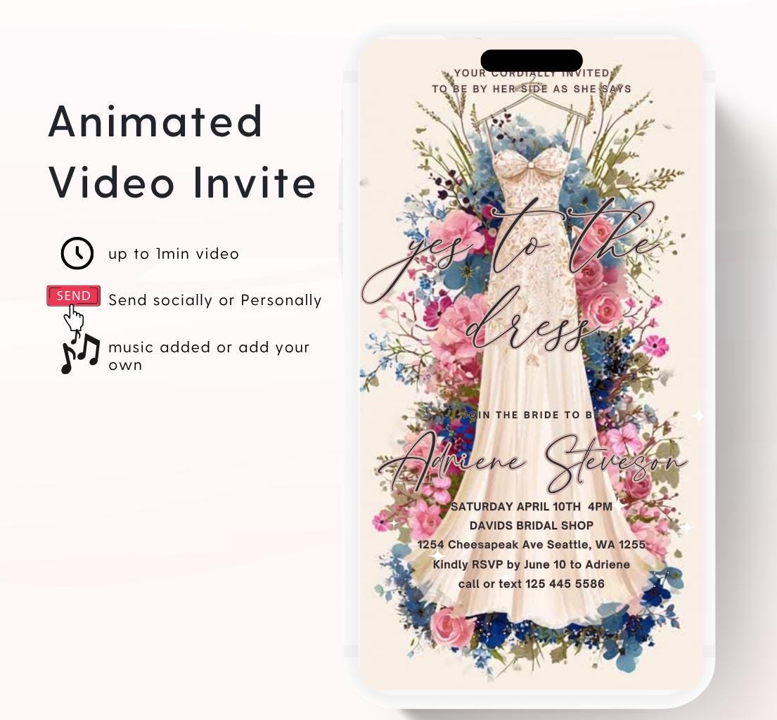 Wedding Dress Shopping mobile editable invitation, Video bridal party invite, Say yes to the dress Dress shopping invite-5