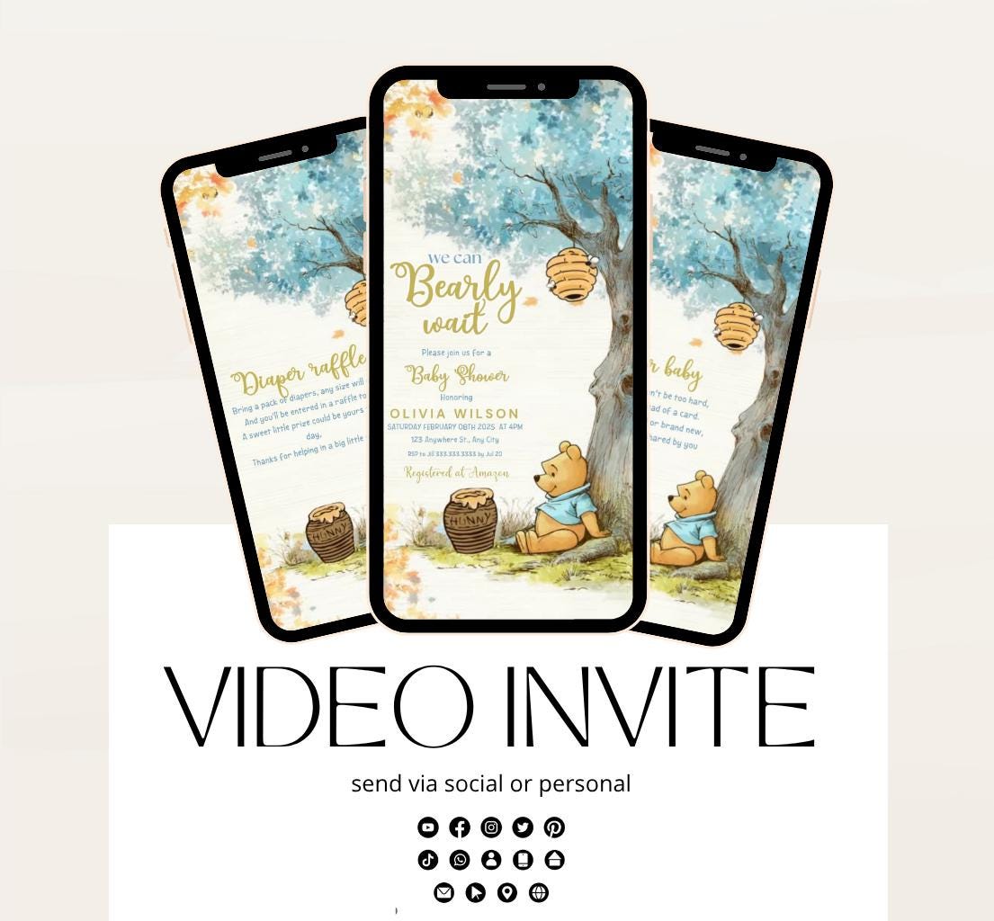 Blue Winnie shower Invitation, Winnie The Pooh Baby Shower Invitations, Winnie The Pooh Invitations Video invitation, Winnie baby shower-24