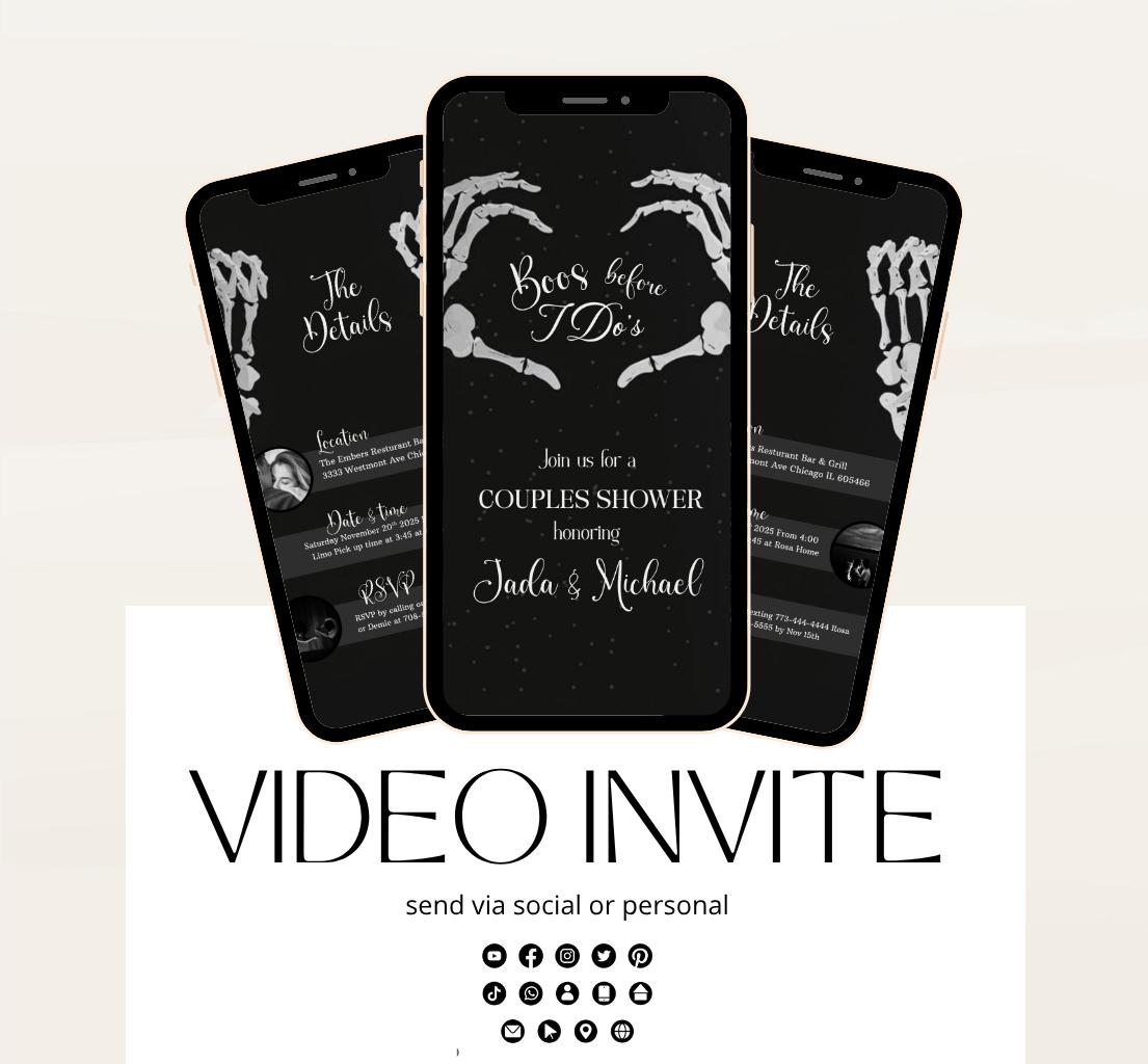 Halloween Engagement Invitation Vintage Gothic Skellington Hands Boos Before I Dos Couples Shower Halloween bridal Video invite-1