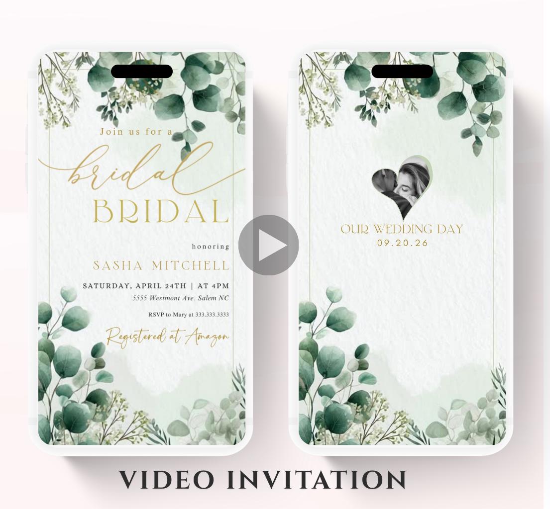 Greenery Bridal Shower Invitation, Video Eucalyptus Bridal Shower Invite, Editable Canva Greenery Bridal Shower-2