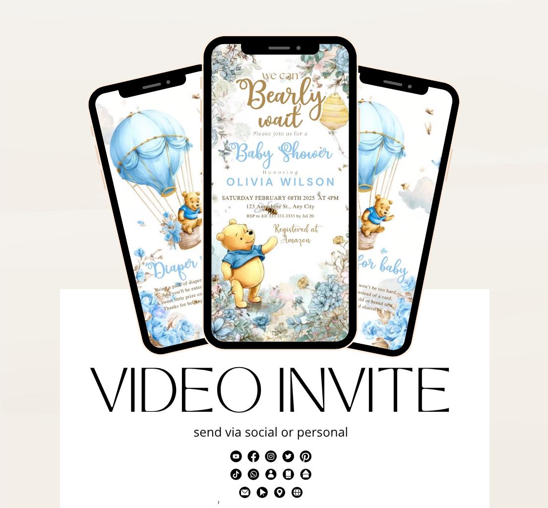 Winnie The Pooh Invitation, Boy Winnie The Pooh Baby Shower Invitations, Winnie The Pooh Invitations Video invitation, Winnie baby shower-18