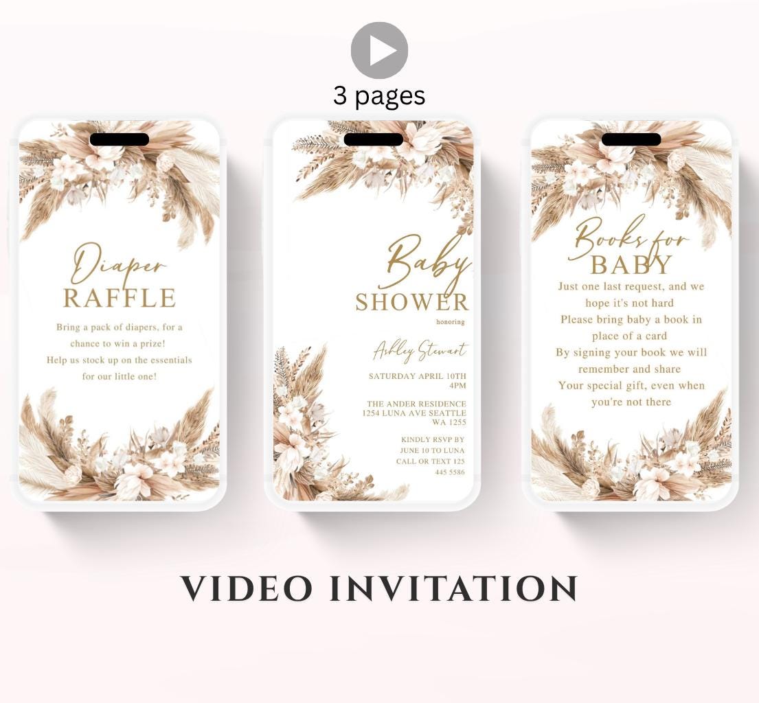 Boho Baby Shower Invitation, Boho Floral Baby Shower, Baby Girl Baby Shower Invite, pampas Invitation, Boho Baby Invitation Animated-2